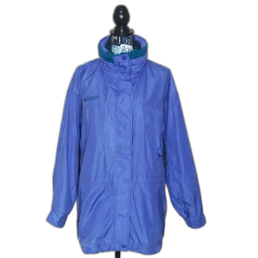 Vtg COLUMBIA Long's Peak Parka Coat Hooded Interchange Zip‎ Out Fleece Blue Sz L